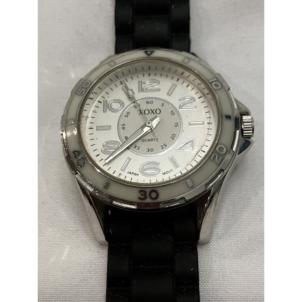 XOXO Silver Tone MOP Trim Black Silicon Strap Analog Watch XO9043 White Face
